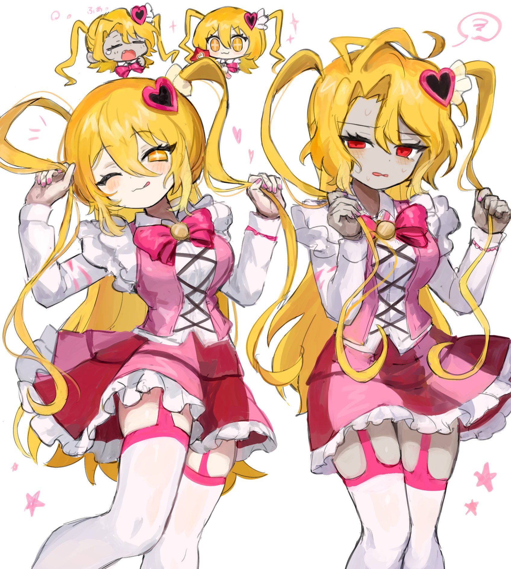 ro/ku, don quixote (project moon), sancho (project moon), limbus company, project moon, highres, + +, 2girls, blonde hair, bow, bowtie, breasts, e.g.o (project moon), hair ornament, heart, heart hair ornament, in the name of love and hate (e.g.o), large breasts, long hair, long sleeves, looking at viewer, multiple girls, one eye closed, open mouth, parted bangs, pink bow, pink bowtie, pink garter straps, pink nails, pink skirt, pink vest, red eyes, simple background, skirt, standing, thighhighs, two side up, upper body, vest, white background, white thighhighs, yellow eyes