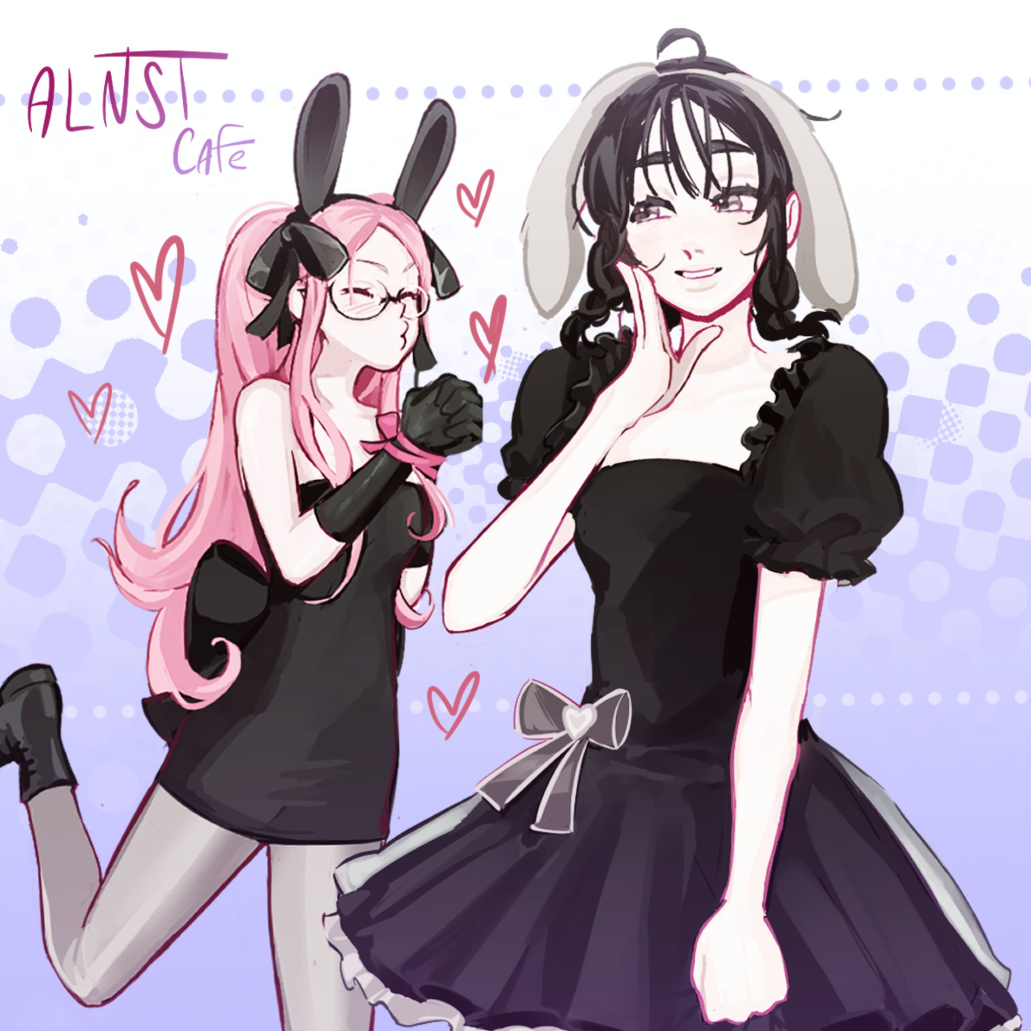 mizi (alien stage), sua (alien stage), alien stage, commentary, hashtag-only commentary, highres, 2girls, animal ears, black boots, black dress, black gloves, boots, bow, dress, dress bow, fake animal ears, foot up, glasses, gloves, grey pantyhose, long hair, low twintails, multiple girls, own hands together, pantyhose, pink hair, puckered lips, puffy short sleeves, puffy sleeves, rabbit ears, short sleeves, strapless, strapless dress, twintails, two side up, very long hair, yelwish7rry