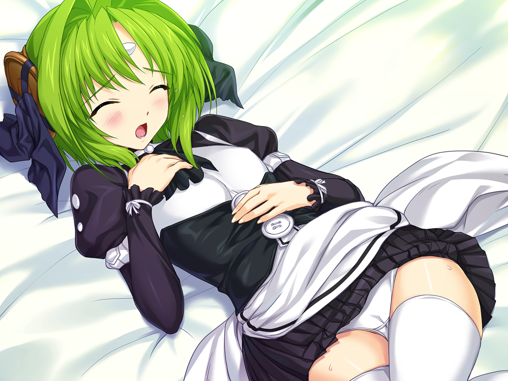 onigirikun, kouenji madoka, choukou (alicesoft), choukou tenshi escalayer, game cg, non-web source, official art, variant set, 1girl, bed, blush, cameltoe, closed eyes, dress, green hair, long sleeves, lying, maid, on back, open mouth, panties, pantyshot, ribbon, short hair, skirt, solo, sweat, tears, thighhighs, underwear, white panties, white thighhighs