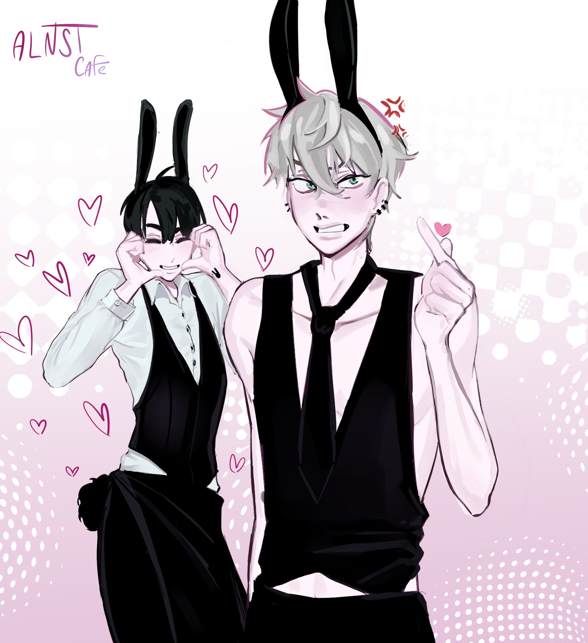 ivan (alien stage), till (alien stage), alien stage, commentary, highres, 2boys, anger vein, animal ears, apron, black apron, black necktie, black vest, collared shirt, ear piercing, finger heart, grey hair, heart, male focus, multiple boys, necktie, official alternate costume, piercing, rabbit ears, rabbit tattoo, shirt, tattoo, vest, white shirt, wrist tattoo, yelwish7rry