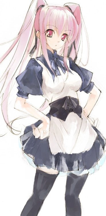 yudesoba, 1girl, female focus, hands on own hips, long hair, maid, pink hair, red eyes, solo, thighhighs, twintails