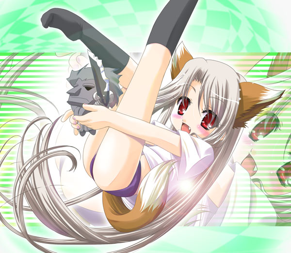q-gaku, heracles (fate), illyasviel von einzbern, fate/stay night, fate (series), 00s, 1girl, albino, animal ears, black socks, buruma, character doll, doll, female focus, fox ears, gym uniform, long hair, purple buruma, red eyes, socks, solo, tail, white hair