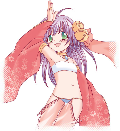 kankiriko, armlet, bandeau bikini, bell, choker, green eyes, jewelry, lowleg, lowleg panties, panties, purple hair, solo, underwear