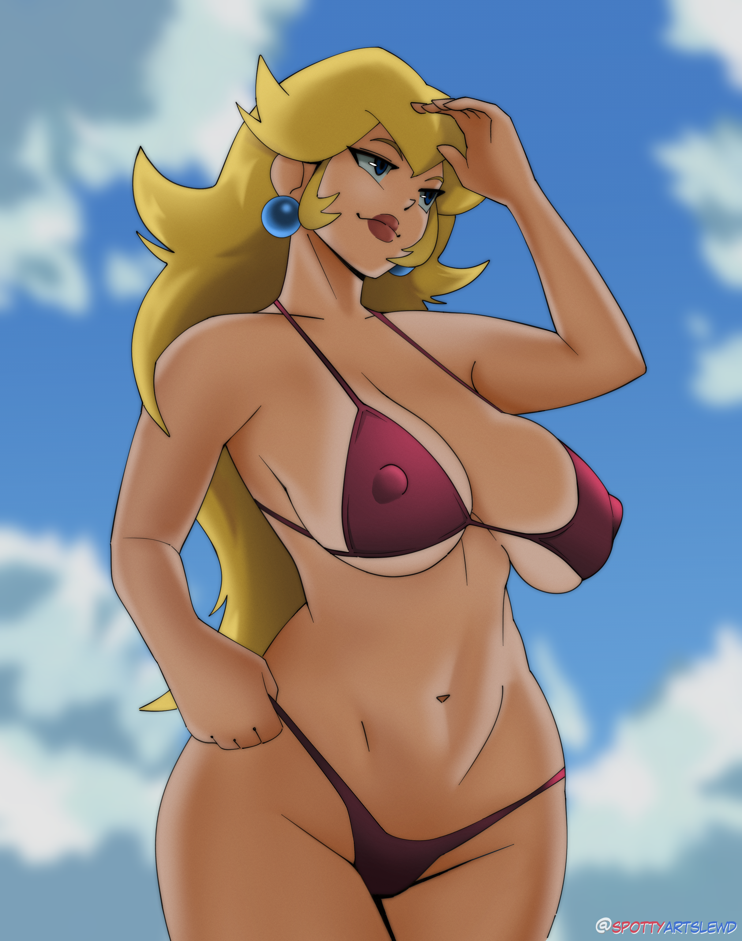 spottyarts, princess peach, mario (series), nintendo, highres, 1girl, arm up, artist name, bikini, blonde hair, blue eyes, breasts, cleavage, covered erect nipples, hand on own hip, large breasts, legs, long hair, navel, pink lips, princess, sideboob, smile, solo, swimsuit, tan, tanline, thick thighs, thighs, thong bikini, toned