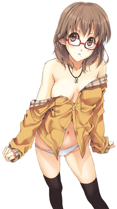 luna (reclaimed land), original, 1girl, bare shoulders, black thighhighs, brown eyes, brown hair, female focus, glasses, lowleg, lowleg panties, mole, mole under mouth, navel, no bra, off shoulder, panties, parted lips, red-framed eyewear, simple background, skindentation, solo, thighhighs, unbuttoned, underwear, white background