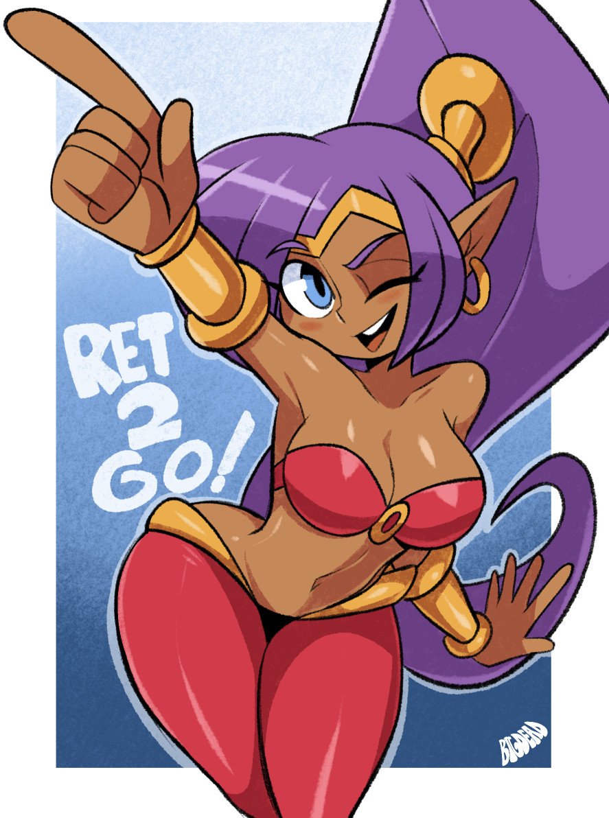 bigdead, shantae, shantae (series), 1girl, blue eyes, bra, bracelet, breasts, dark-skinned female, dark skin, jewelry, large breasts, long hair, pants, pointy ears, purple hair, teeth, underwear, upper teeth only, very long hair, wide hips