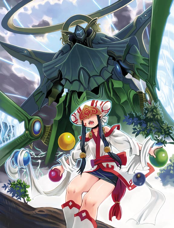 ryoji (nomura ryouji), duel masters, 1girl, atticworkspace, bare shoulders, battle, black hair, boots, day, dutch angle, giant, hat over eyes, japanese clothes, kimono, lightning, long hair, nature, open mouth, orb, outdoors, pointy ears, sash, sidelocks, sky, storm, tree, very long hair