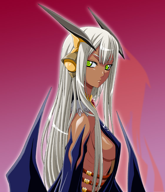 isse, 1girl, angry, breasts, dark-skinned female, dark skin, demon, demon girl, female focus, gradient background, green eyes, horns, lace, long hair, sideboob, solo, strap, white hair