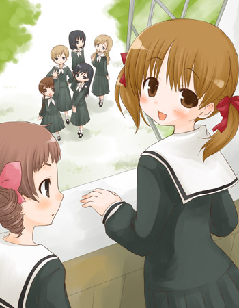 rikaon, fukuzawa yumi, hasekura rei, matsudaira touko, nijou noriko, ogasawara sachiko, shimazu yoshino, toudou shimako, maria-sama ga miteru, white legwear, lowres, 00s, 6+girls, :d, arm up, blush, brown eyes, brown hair, drill hair, from behind, full body, hair ribbon, long hair, long sleeves, looking at viewer, looking back, multiple girls, open mouth, open window, pleated skirt, profile, purple eyes, ribbon, school uniform, serafuku, shirt, shoes, short hair, short twintails, skirt, smile, socks, standing, twintails, window