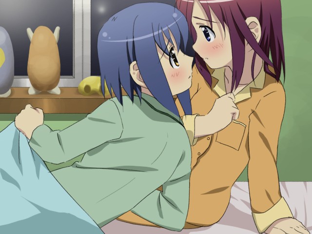 sanshita, amamiya manami, inamori mika, gakuen utopia manabi straight!, 00s, 2girls, bed, bed sheet, blanket, blue hair, blush, eye contact, green eyes, imminent kiss, indoors, looking at another, multiple girls, on bed, pajamas, profile, purple eyes, purple hair, red hair, room, short hair, sitting, under covers, window, windowsill, yuri