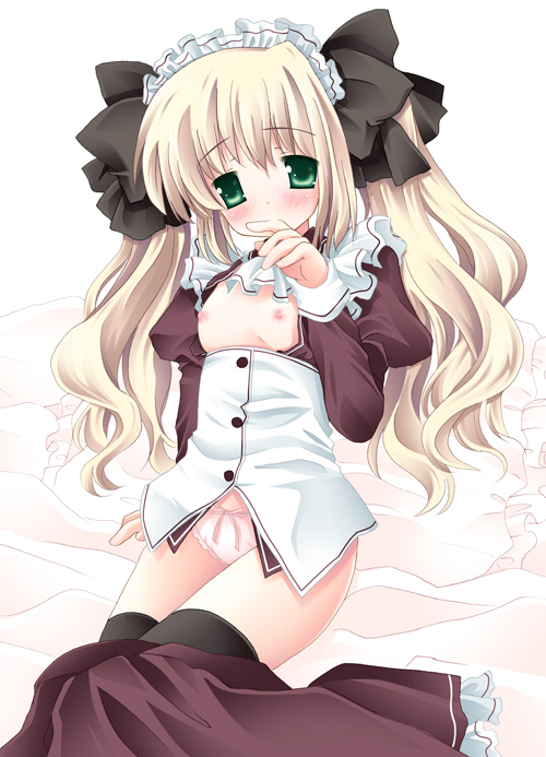natsume eri, original, black thighhighs, blonde hair, maid, nipples, panties, solo, thighhighs, twintails, underwear, undressing, waitress
