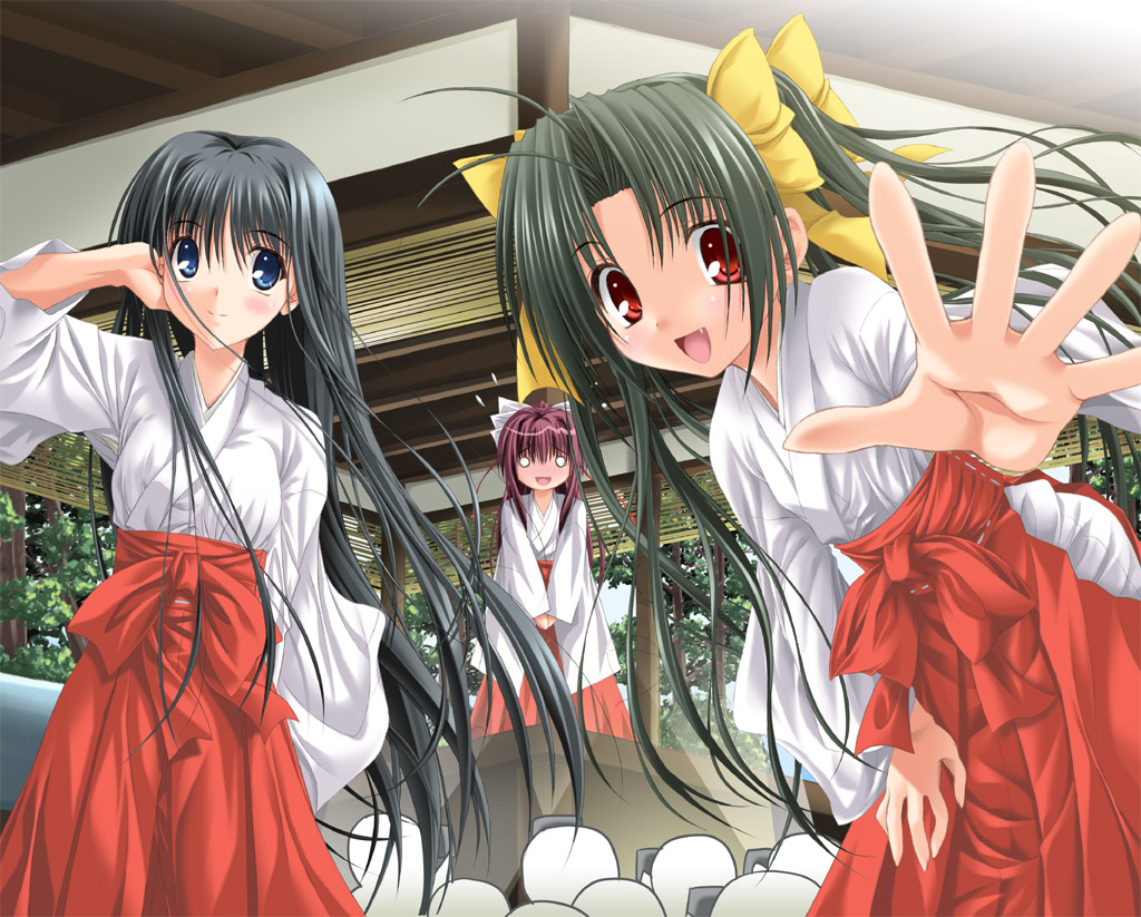 noritama (gozen), 3girls, :d, arm up, black hair, blue eyes, blush, fang, flying sweatdrops, foreshortening, green hair, hair ribbon, hakama, hakama skirt, haori, japanese clothes, leaning forward, long hair, looking at viewer, miko, multiple girls, o o, open mouth, parted bangs, purple hair, reaching, reaching towards viewer, red eyes, red hakama, ribbon, skirt, smile, twintails, v arms, very long hair, yellow ribbon