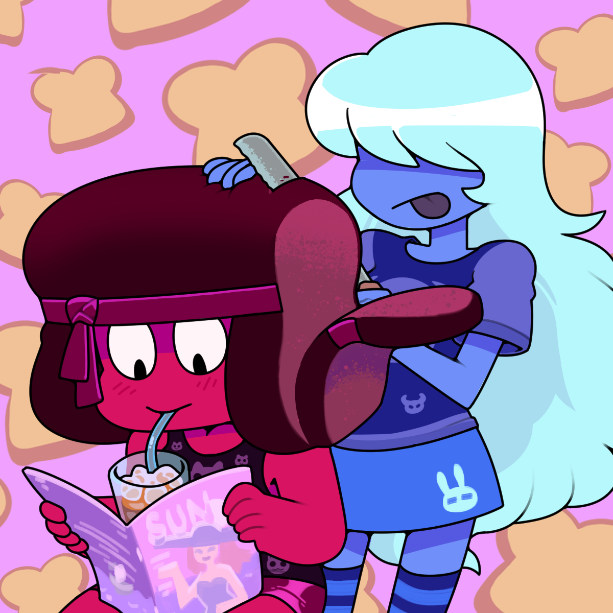 discount-supervillain, ruby (steven universe), sapphire (steven universe), steven universe, highres, 2girls, afro, alternate costume, blue hair, blue skin, blush, colored skin, cutting another's hair, cutting hair, drinking, gem (steven universe), hair over eyes, headband, long hair, multiple girls, red skin, ruby (species) (steven universe)