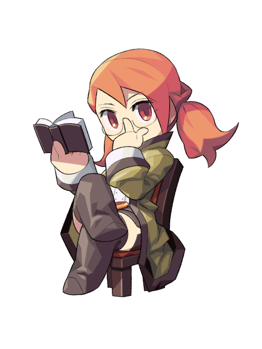 itsumo nokoru, refia, scholar (final fantasy), final fantasy, final fantasy iii, square enix, archived source, 1girl, adjusting eyewear, anime coloring, belt, belt buckle, black belt, black boots, black skirt, book, boots, braid, buckle, buttons, chair, coat, collared coat, covered mouth, crossed legs, deformed, double-breasted, full body, glasses, gold buckle, green coat, green sleeves, half up half down braid, high collar, holding, holding book, looking at viewer, miniskirt, on chair, orange hair, popped collar, red eyes, round eyewear, semi-rimless eyewear, shirt, simple background, skirt, sleeve cuffs, solo, thigh boots, twintails, white background, white shirt, white sleeve cuffs