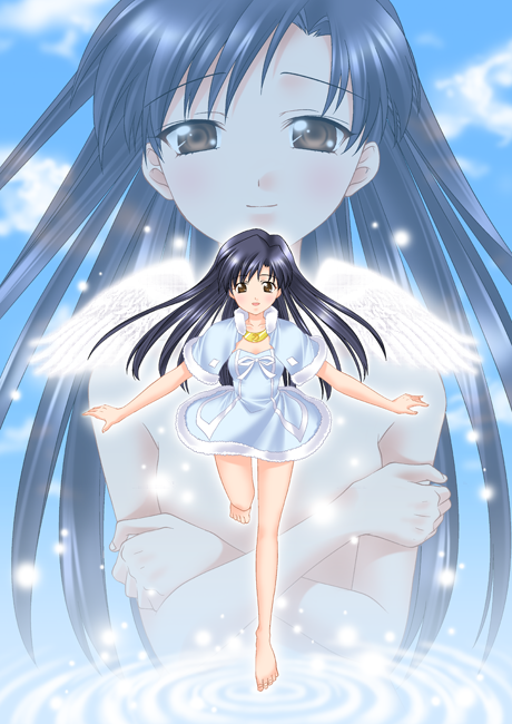 itsuki sayaka, kisaragi chihaya, noel, idolmaster, idolmaster (classic), idolmaster 1, 00s, 1girl, :d, angel, angel wings, bare legs, barefoot, blue dress, blue hair, blue sky, breasts, brown eyes, closed mouth, collarbone, cute & girly (idolmaster), day, dress, full body, leg up, long hair, looking at viewer, open mouth, running, short sleeves, sky, small breasts, smile, very long hair, water, white wings, wings