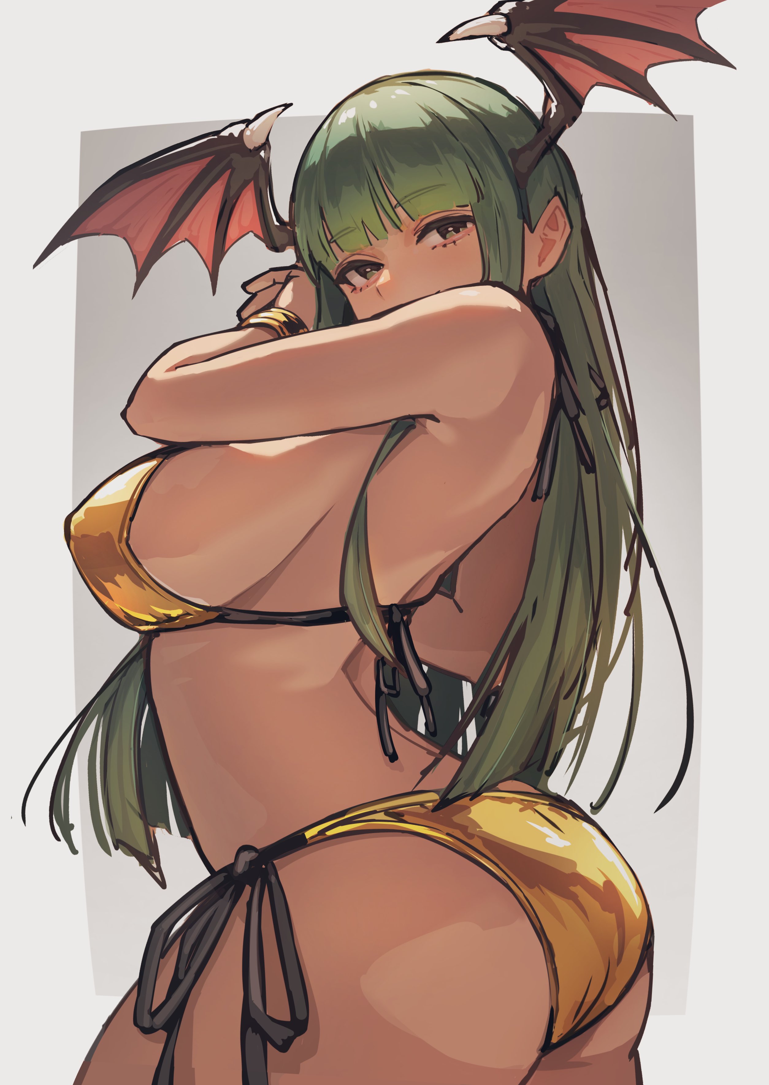 ap cammy, morrigan aensland, darkstalkers, absurdres, commentary request, highres, revision, 1girl, arched back, ass, bare shoulders, bikini, blunt bangs, border, breasts, demon girl, demon wings, from behind, gold bikini, green eyes, green hair, halterneck, head wings, large breasts, long hair, looking back, looking up, median furrow, outside border, side-tie bikini bottom, sideboob, solo, string bikini, swimsuit, white border, wings, yellow bikini