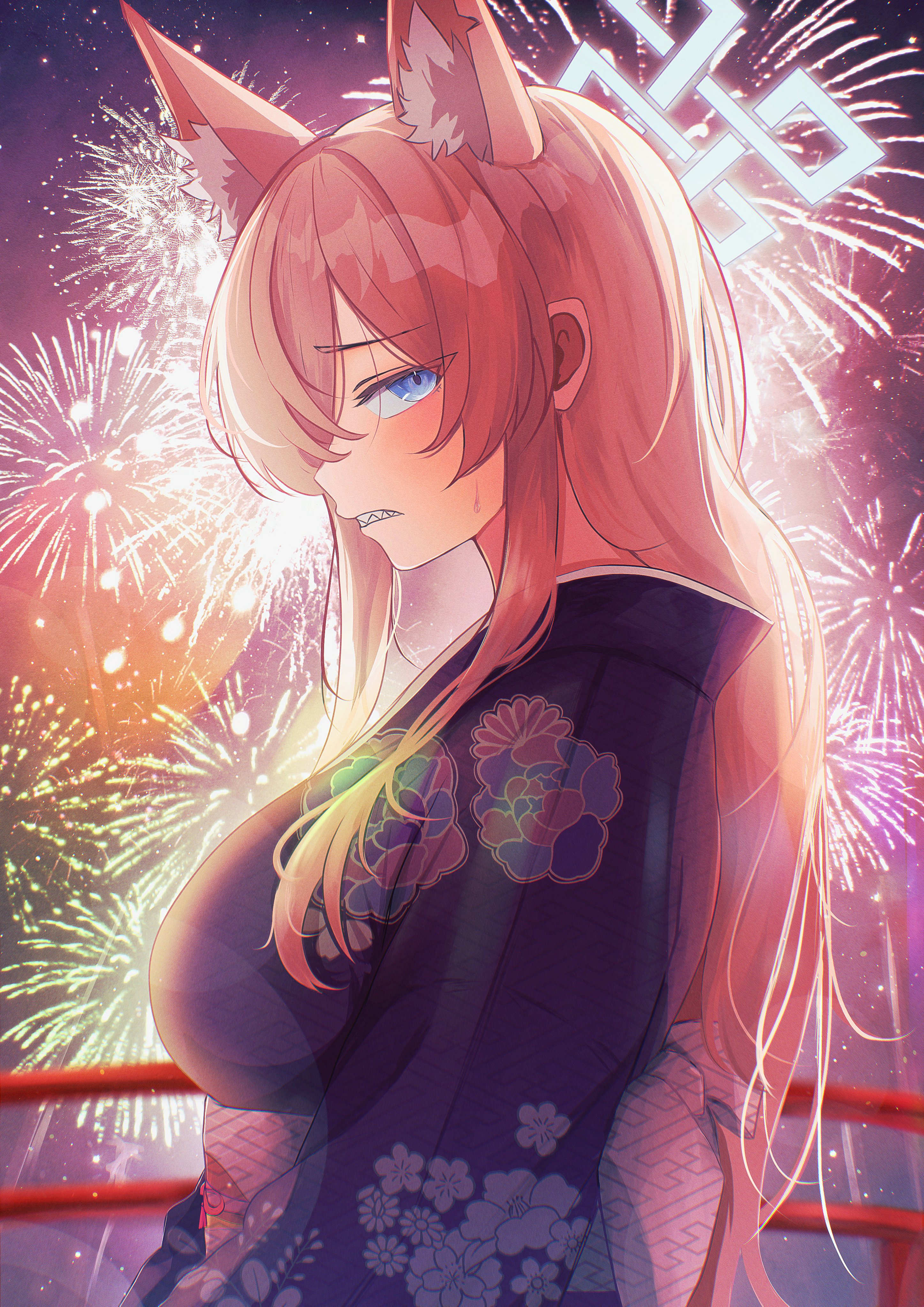himmel gewalt, kanna (blue archive), blue archive, absurdres, commentary request, highres, 1girl, aerial fireworks, alternate costume, animal ear fluff, animal ears, backlighting, blonde hair, blue eyes, blue kimono, blush, breasts, dog ears, dog girl, extra ears, eyes visible through hair, festival, film grain, fireworks, floral print, floral print kimono, from side, frown, halo, japanese clothes, kimono, large breasts, long hair, long sleeves, looking at viewer, night, outdoors, print kimono, profile, sharp teeth, sidelocks, sideways glance, solo, teeth, tsurime, upper body, very long hair, white halo, wide sleeves, yukata
