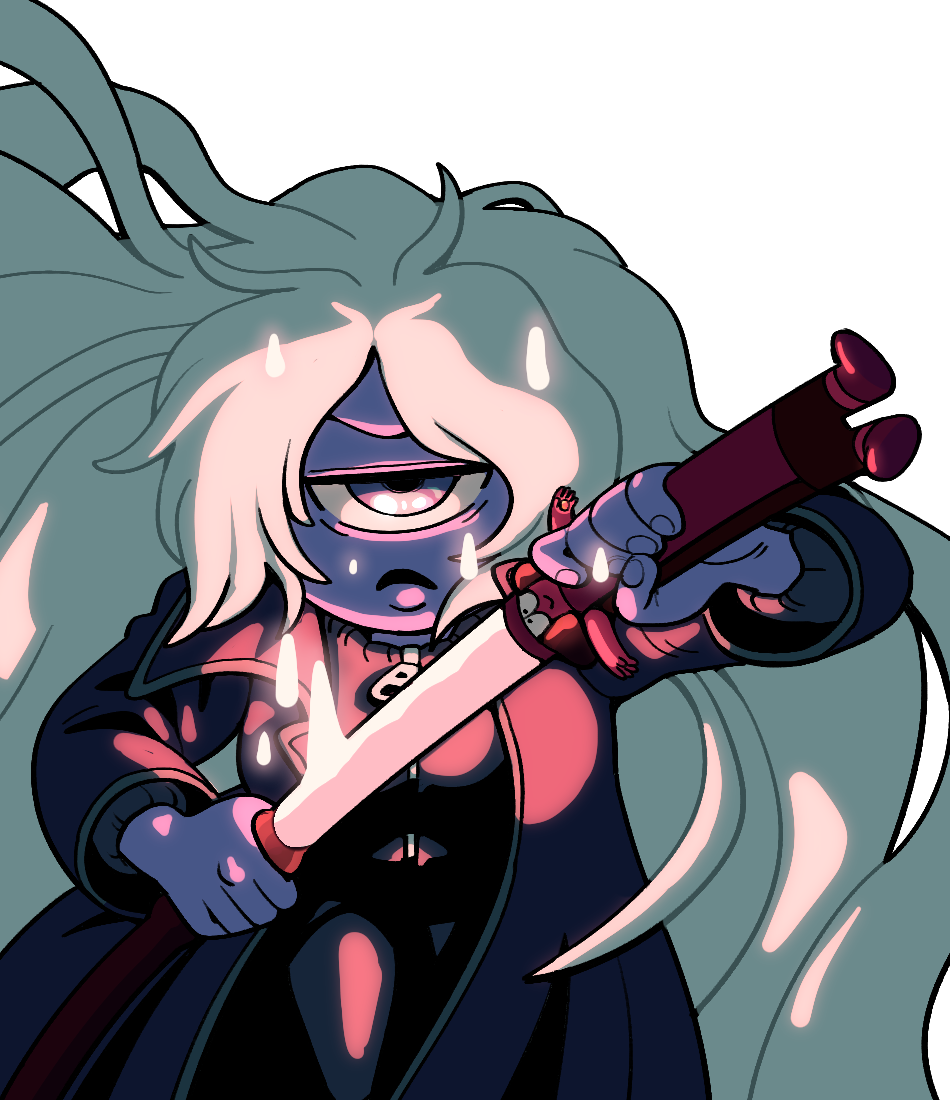 discount-supervillain, ruby (steven universe), sapphire (steven universe), steven universe, 1girl, blue skin, coat, colored skin, cyclops, fingernails, gem (steven universe), katana, long hair, one-eyed, simple background, solo, sword, thick lips, weapon, zipper pull tab