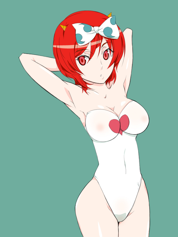 ghost-q, suzuki manami, doteraman, 1980s (style), 1girl, breasts, cleavage, female focus, hair ribbon, horns, oldschool, one-piece swimsuit, red eyes, red hair, retro artstyle, ribbon, solo, swimsuit