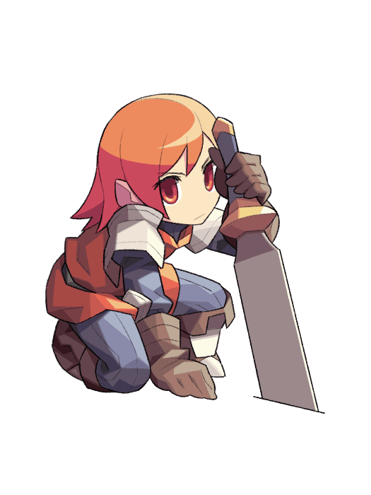 itsumo nokoru, refia, warrior (final fantasy), final fantasy, final fantasy iii, square enix, archived source, 1girl, anime coloring, arm between legs, armor, between legs, black gloves, black shirt, black sleeves, blue pants, boots, brown boots, closed mouth, counter, deformed, expressionless, full body, gloves, hand between legs, holding, holding sword, holding weapon, knee boots, looking at viewer, no nose, on one knee, pants, pauldrons, planted, planted sword, planted weapon, red eyes, shirt, shoulder armor, simple background, solo, surcoat, sword, warrior, weapon, white background