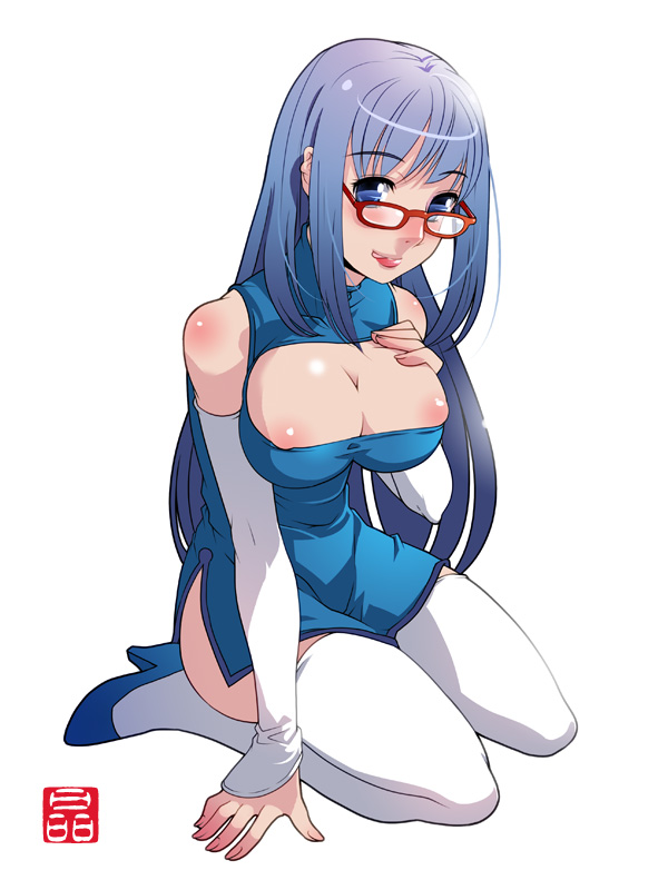 sonobe kazuaki, original, 1girl, :p, blue shoes, breasts, cleavage, cleavage cutout, clothing cutout, elbow gloves, female focus, full body, glasses, gloves, hand on own chest, high heels, huge breasts, pumps, shoes, simple background, sitting, smile, solo, thighhighs, tongue, tongue out, white background, white thighhighs