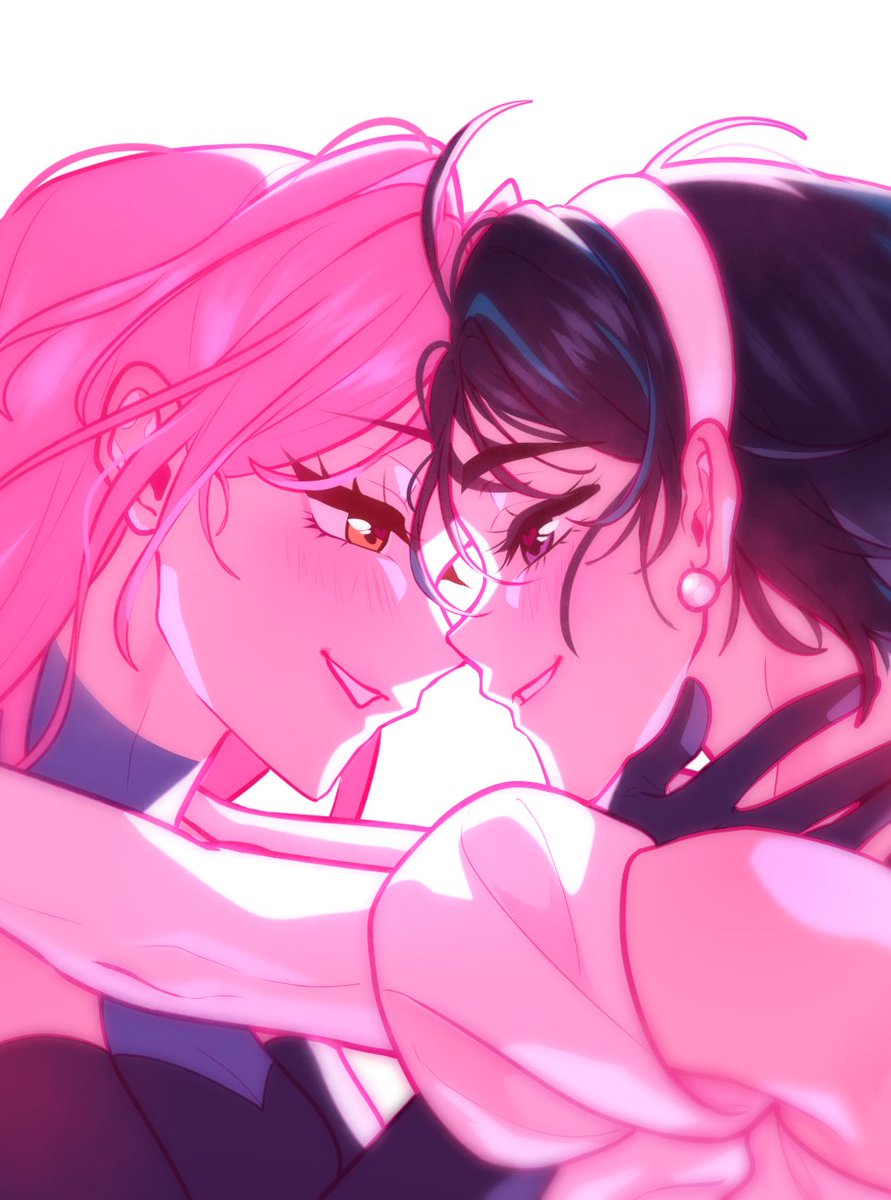 mizi (alien stage), sua (alien stage), alien stage, commentary, highres, 2girls, black gloves, black hair, earrings, face-to-face, gloves, hairband, heart, heart in eye, innaxui, jewelry, long hair, multiple girls, pearl earrings, pink hair, purple eyes, short hair, smile, sphere earrings, symbol in eye, white hairband, yellow eyes, yuri