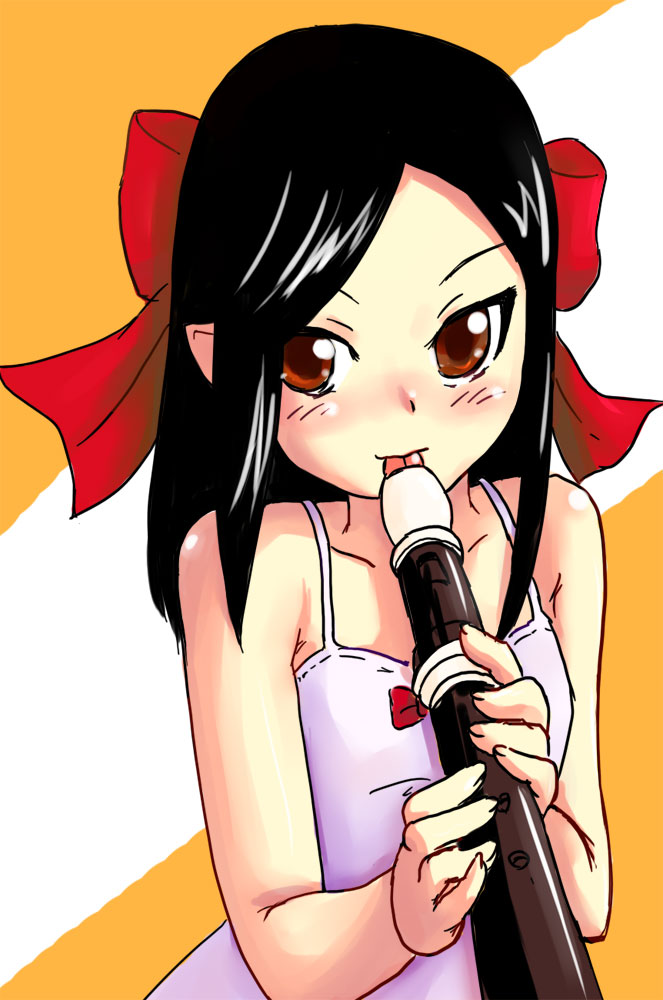 sechisu, original, 1girl, female focus, flute, hair ribbon, holding, holding flute, holding instrument, instrument, recorder, ribbon, sexually suggestive, solo