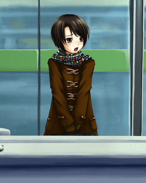 chiko (kanhogo), original, wall, 1girl, :o, blush, brown eyes, brown hair, building, coat, duffel coat, female focus, long sleeves, looking afar, looking to the side, open mouth, outdoors, plaid clothes, plaid scarf, railing, scarf, solo