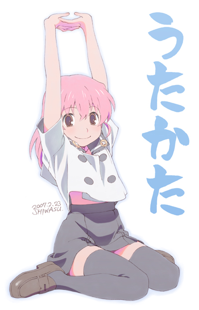 shiwasu takashi, miiko, miiko (shiwasu takashi), original, 1girl, black thighhighs, blouse, brown shoes, dated, female focus, full body, interlocked fingers, midriff peek, miniskirt, pink hair, school uniform, serafuku, shirt, shoes, simple background, sitting, skirt, solo, thighhighs, white background, white shirt, zettai ryouiki