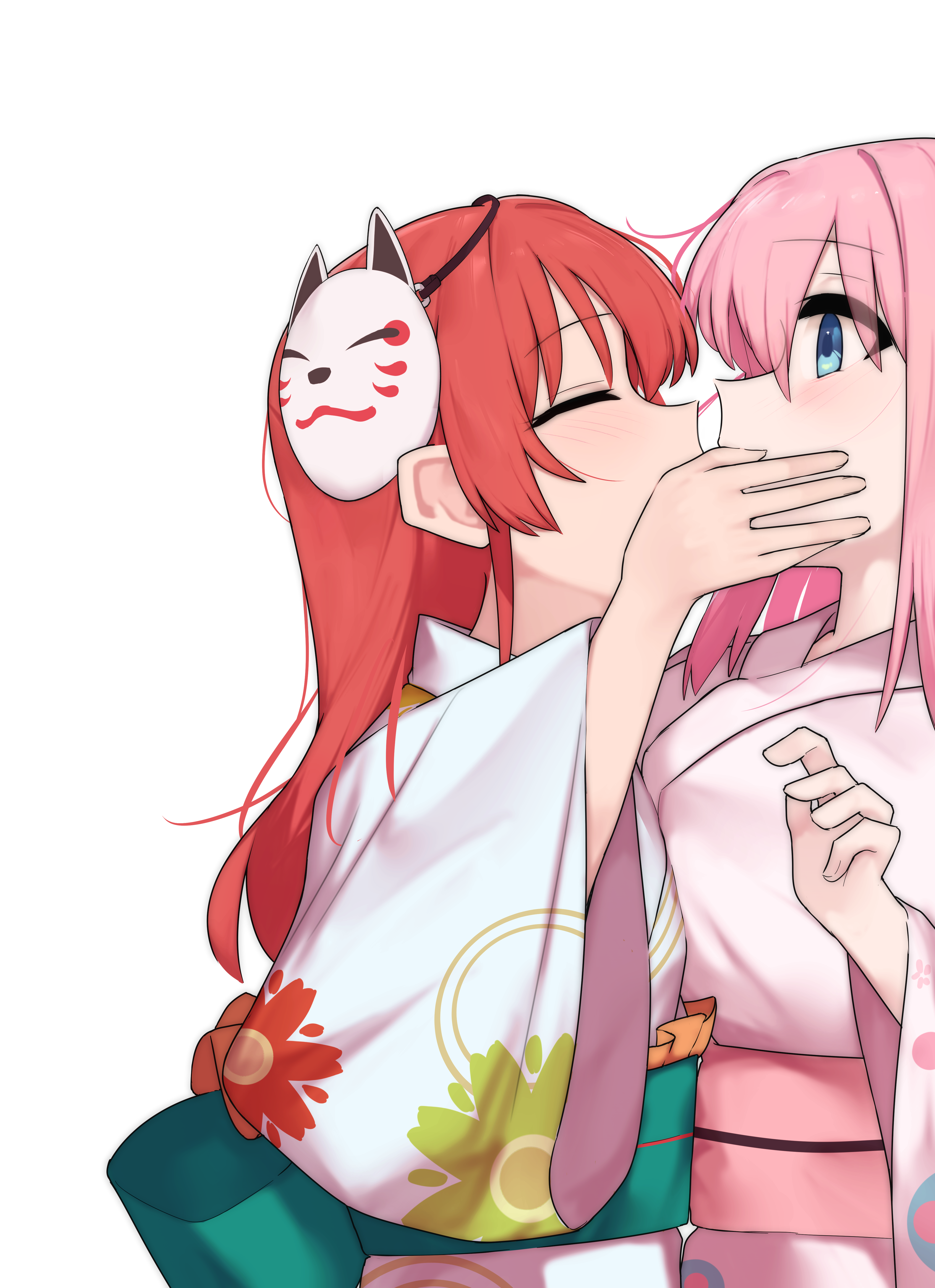 finerain, gotoh hitori, kita ikuyo, bocchi the rock!, absurdres, commentary, highres, 2girls, blue eyes, blush, closed eyes, fox mask, japanese clothes, kimono, kiss, long hair, long sleeves, mask, mask on head, multiple girls, obi, pink hair, red hair, sash, simple background, upper body, white background, white kimono, yuri