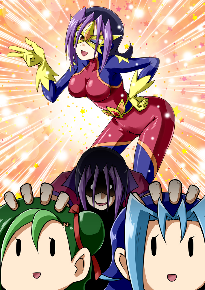 droite (star voyage) (yu-gi-oh!), droite (yu-gi-oh!), kamishiro rio, mizuki kotori (yu-gi-oh!), yu-gi-oh!, yu-gi-oh! zexal, artist request, highres, 10s, 3girls, :p, angry, artist name, blue hair, bodysuit, breasts, curvy, dated, disgust, domino mask, embarrassed, female focus, forced smile, gloves, grabbing from behind, green hair, jacket, large breasts, lipstick, looking ahead, looking at another, looking at viewer, makeup, mask, multicolored hair, multiple girls, one eye closed, open clothes, open jacket, open mouth, restrained, shaded face, shiny clothes, skin tight, smile, solo, teeth, thinking, tongue, tongue out, two-tone hair, v, wide hips, wink, yellow gloves