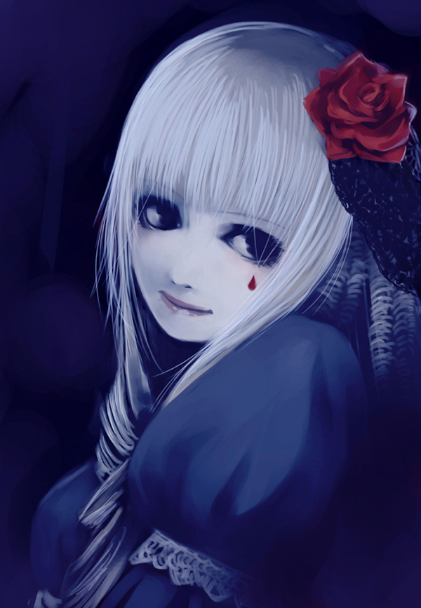 tasaka shinnosuke, original, dress, drill hair, flower, goth fashion, hair ornament, pale skin, rose, solo, tears, white hair