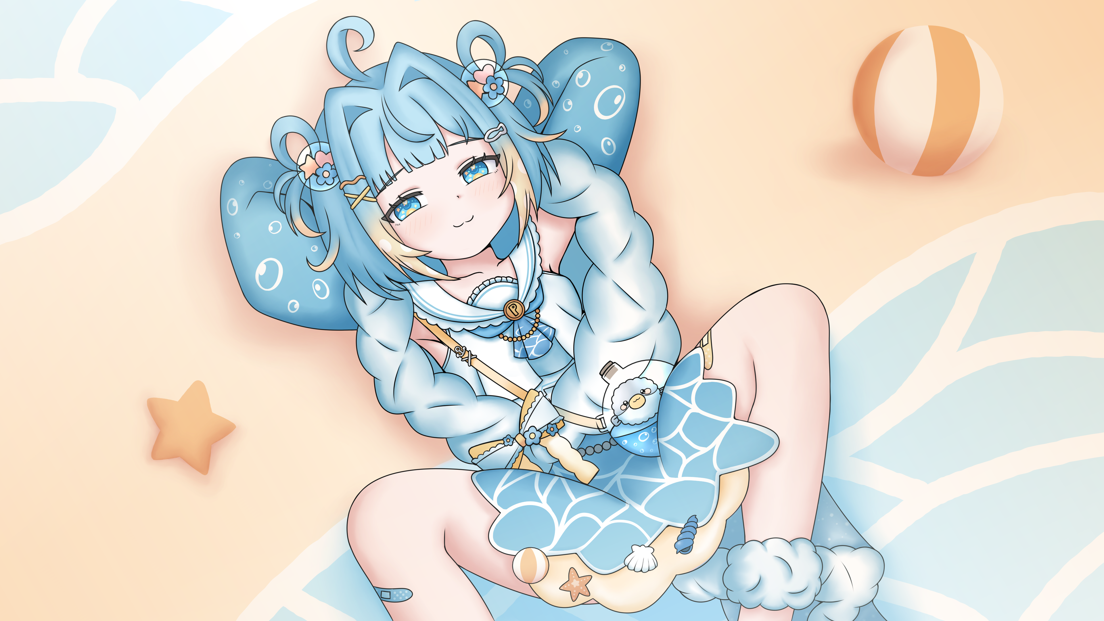 penny puffball, re:loop!, commission, highres, 1girl, ahoge, ball, bandaid, bandaid on leg, beach, beachball, blue eyes, blue hair, blush, bow, down jacket, dress, fish, fish hair ornament, hair ornament, hairclip, hand on own head, jacket, knee up, knees up, lying, multicolored hair, ocean, on back, puffer fish, ribbon, shirt, short hair, simple background, smile, solo, spread legs, starfish, thighs, virtual youtuber, water