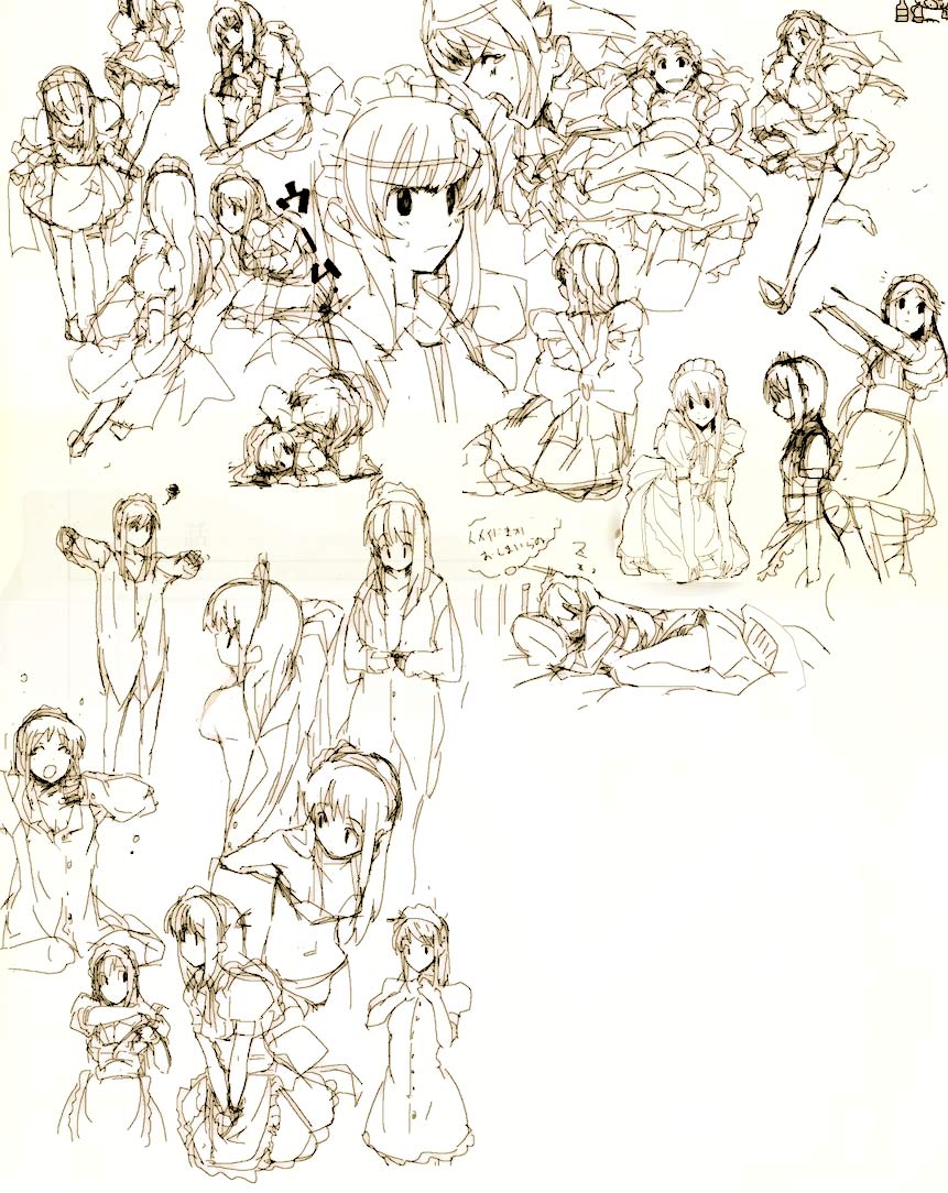 anagoya, 1girl, maid, monochrome, sketch, yellow theme