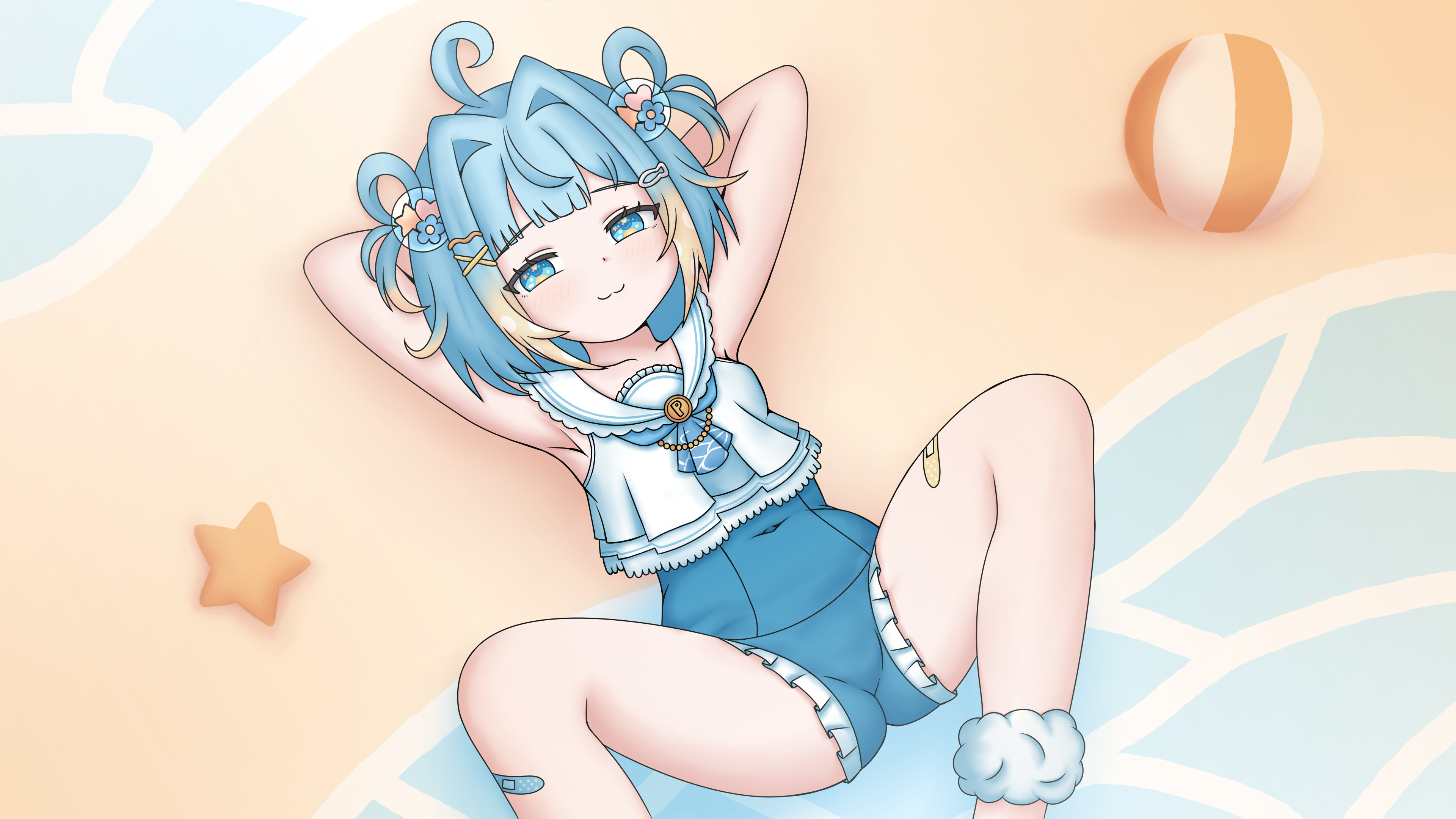 penny puffball, re:loop!, commission, highres, 1girl, ahoge, armpits, ass, ball, bandaid, bandaid on leg, beach, beachball, belly, blue eyes, blue hair, blush, bow, breasts, fish, fish hair ornament, hair ornament, hairclip, hand on own head, knee up, knees up, lying, multicolored hair, navel, ocean, on back, one-piece swimsuit, ribbon, shirt, short hair, simple background, small breasts, smile, solo, spread legs, starfish, swimsuit, swimsuit under clothes, thighs, virtual youtuber, water