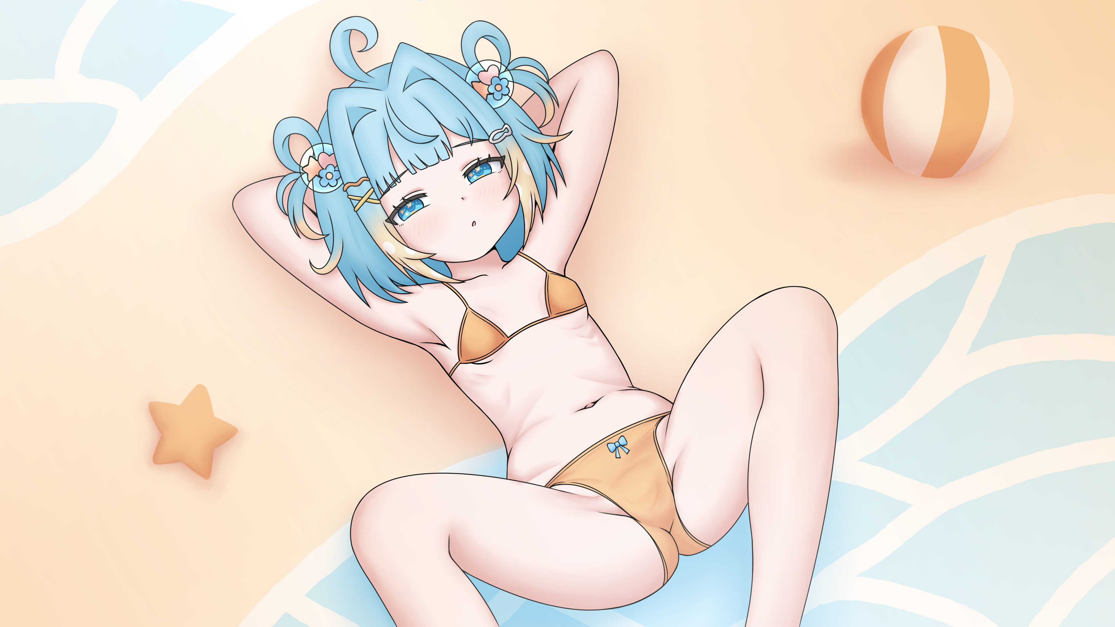 penny puffball, re:loop!, commission, highres, 1girl, ahoge, armpits, ass, ball, beach, beachball, belly, bikini, blue eyes, blue hair, blush, bow, breasts, fish, fish hair ornament, hair ornament, hairclip, hand on own head, knee up, knees up, lying, multicolored hair, navel, ocean, on back, ribbon, short hair, simple background, small breasts, solo, spread legs, starfish, swimsuit, thighs, virtual youtuber, water