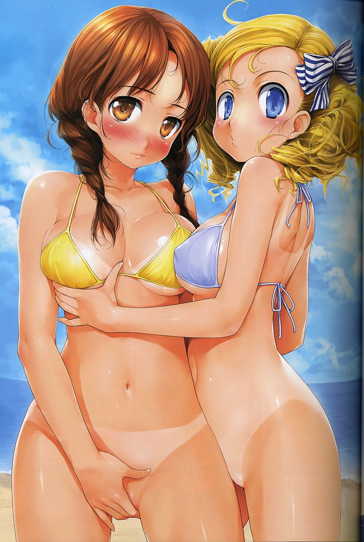 ishikei, original, 2girls, beach, bikini, bikini tan, bikini top only, blonde hair, blue eyes, blush, bottomless, bow, braid, breasts, breasts squeezed together, brown eyes, brown hair, covering crotch, covering privates, day, grabbing another's breast, groping, hair bow, large breasts, multiple girls, navel, one-piece tan, outdoors, swimsuit, tan, tanline, twin braids, twintails, uncensored, yuri