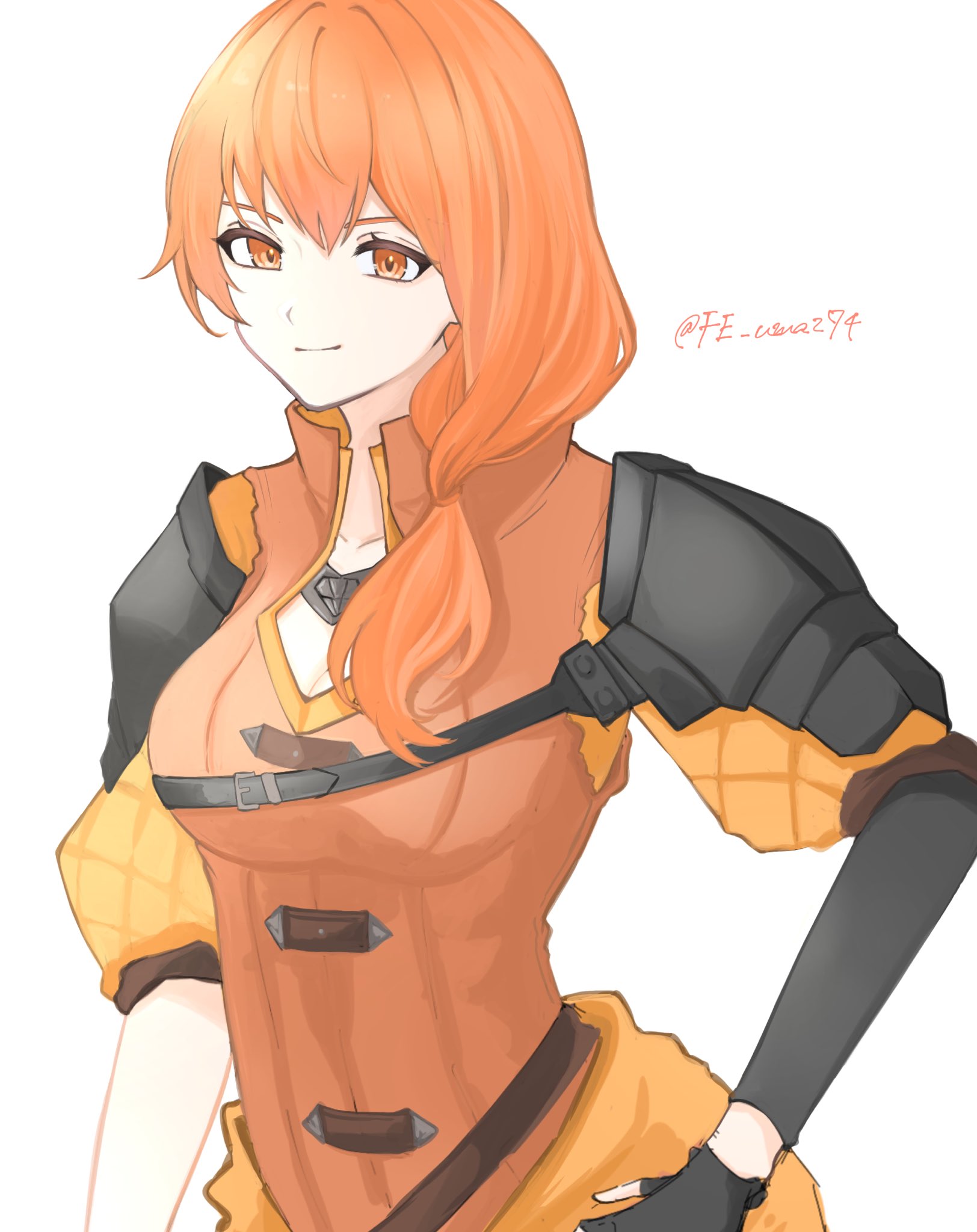 sayaka (fe uma274), leonie pinelli, leonie pinelli (timeskip), fire emblem, fire emblem: three houses, nintendo, highres, 1girl, armor, black gloves, fingerless gloves, gloves, grey background, long hair, looking at viewer, orange eyes, orange hair, pauldrons, shoulder armor, simple background, smile, solo, twitter username