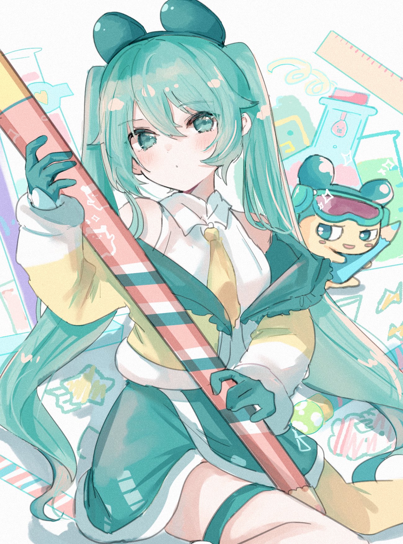 asagimu (tsuktsuk), hatsune miku, vocaloid, copyright request, highres, 1girl, 1other, animal ears, asymmetrical legwear, closed mouth, coat, dot mouth, dot nose, erlenmeyer flask, fake animal ears, flask, fur-trimmed skirt, fur trim, gloves, green eyes, green gloves, green hair, green skirt, hair between eyes, hair ornament, holding, holding pencil, light blush, long sleeves, looking at viewer, necktie, open clothes, open coat, pencil, puffy sleeves, ruler, shirt, sidelocks, sitting, skirt, sleeveless, sleeveless shirt, solo focus, star (symbol), thigh strap, twintails, vial, wariza, white shirt, yellow coat, yellow necktie