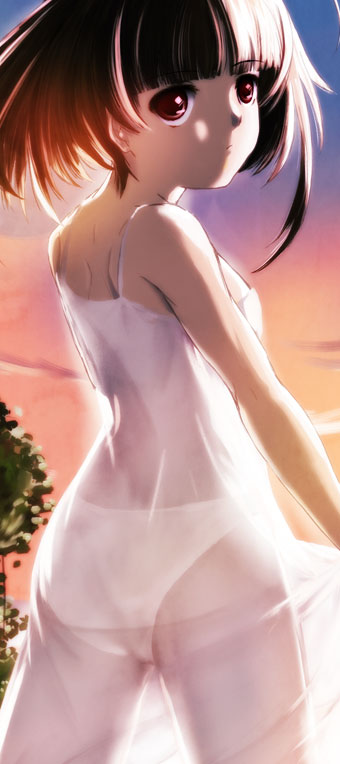 yosuzume (power sketch book), original, 1girl, bra, dress, female focus, no bra, panties, red eyes, see-through clothes, short hair, solo, underwear