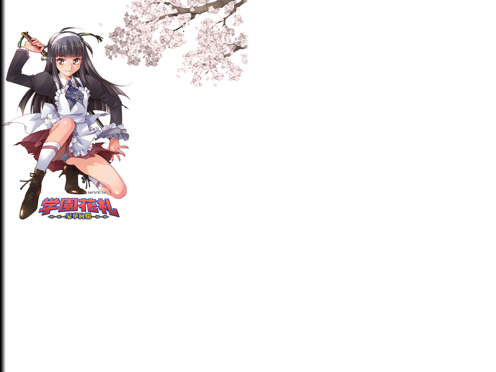 kerorin, gakuen hanafuda gouka kenran, highres, 1girl, apron, black hair, brown eyes, female focus, headband, long hair, maid, maid apron, over shoulder, panties, pantyshot, socks, solo, sword, sword over shoulder, transparent background, underwear, weapon, weapon over shoulder