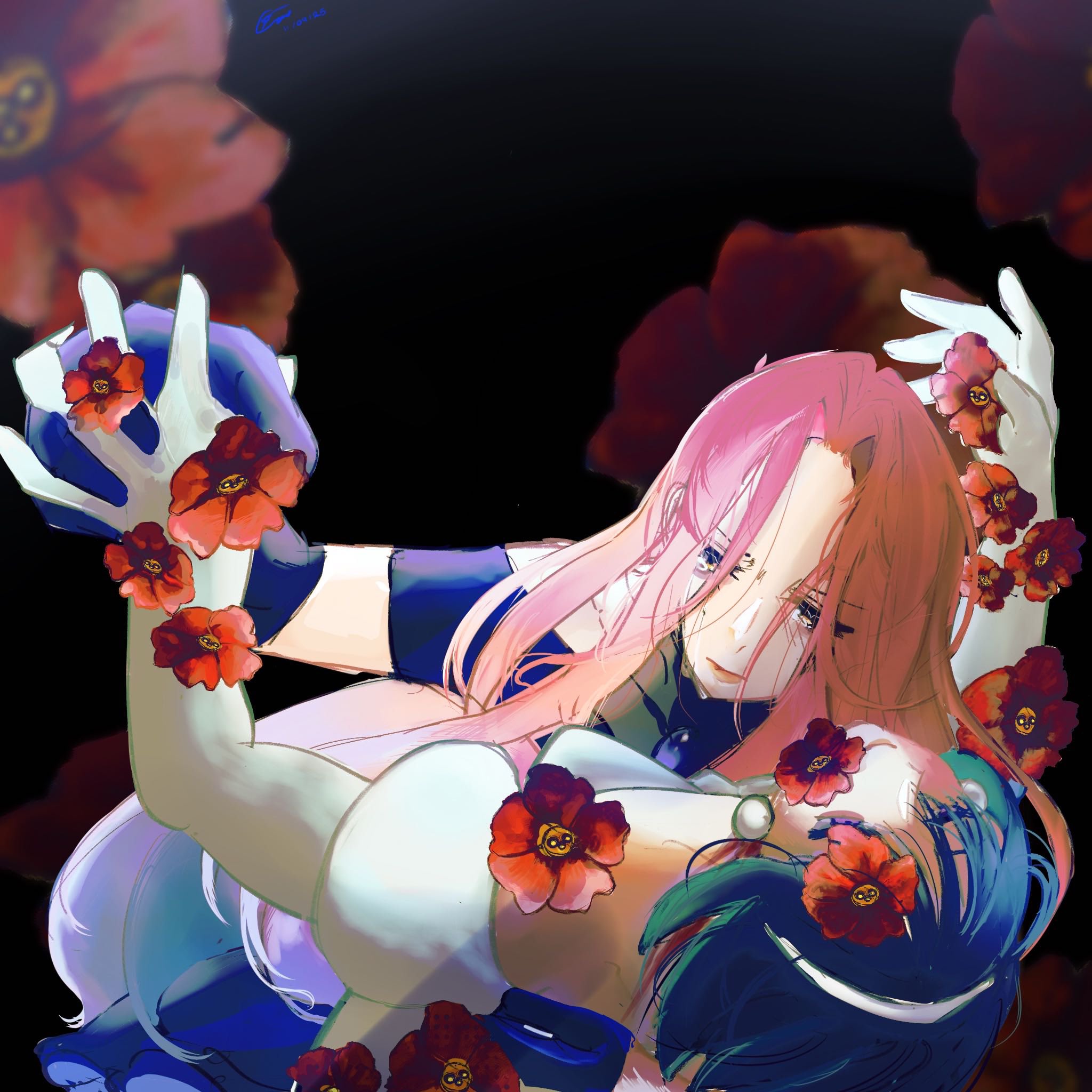 mizi (alien stage), sua (alien stage), alien stage, commentary, hashtag-only commentary, highres, 2girls, black gloves, black hair, cae (ainstmizi), closed mouth, earrings, flower, flower on face, gloves, hairband, holding hands, jewelry, multiple girls, pink hair, red flower, white gloves, white hairband, yellow eyes