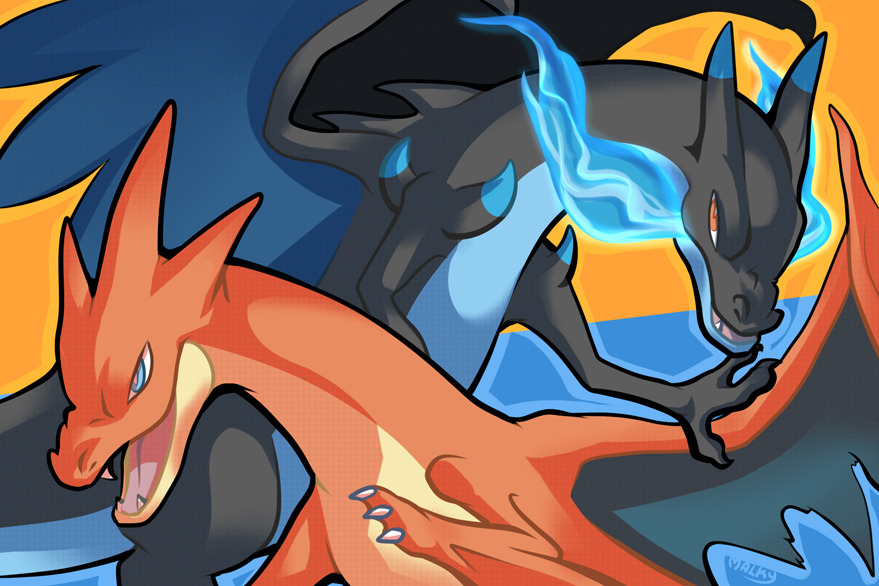 malky (malkshake), charizard, mega charizard x, mega charizard y, nintendo, pokemon, commentary, english commentary, blue eyes, blue fire, bright pupils, claws, fangs, fire, gen 1 pokemon, mega pokemon, no humans, open mouth, orange background, orange eyes, pokemon (creature), white pupils
