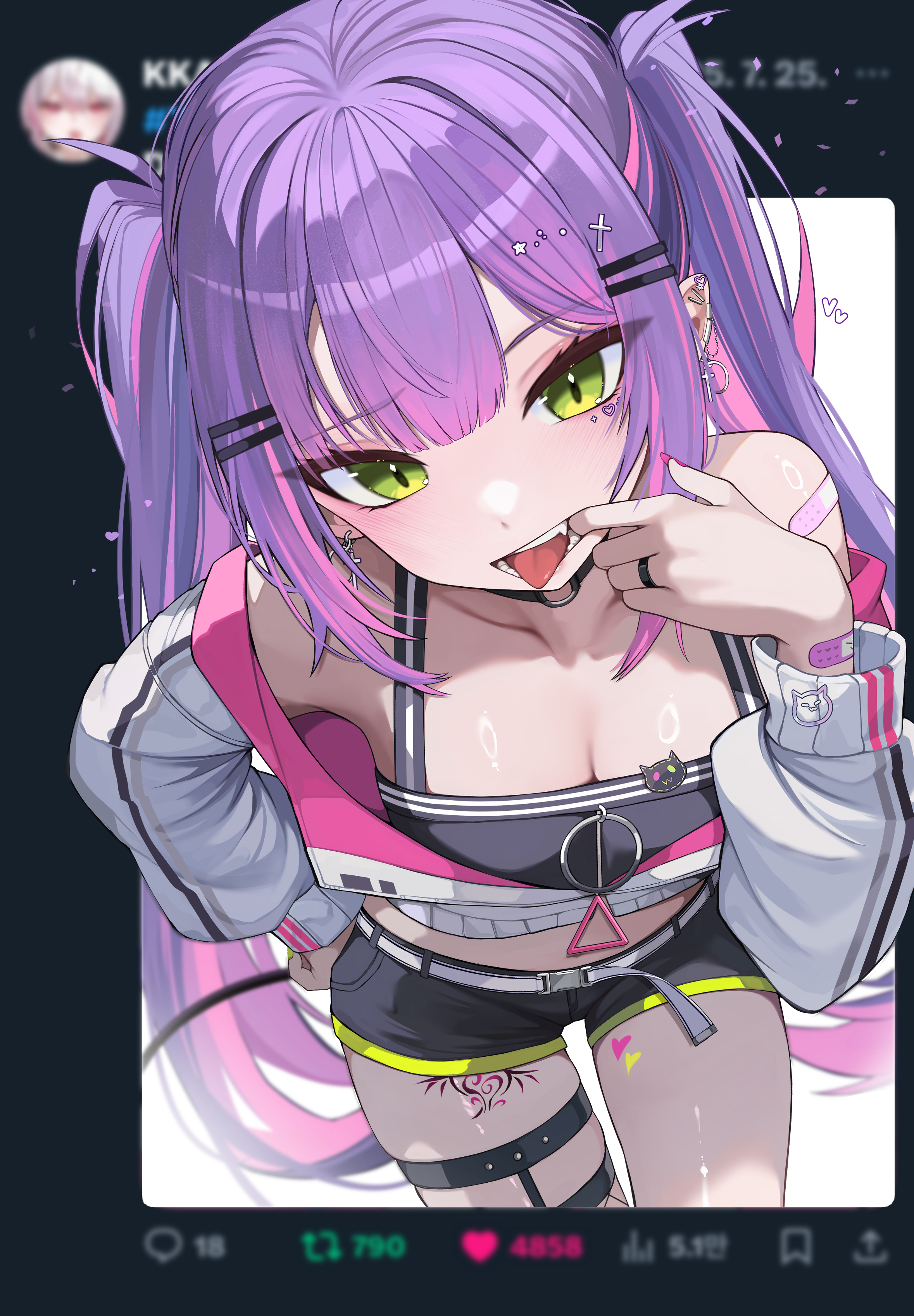 kkato, bibi (tokoyami towa), tokoyami towa, tokoyami towa (1st costume), hololive, twitter, absurdres, commentary, highres, 1girl, bandaid, bandaid on shoulder, bandaid on wrist, belt, black choker, black shorts, black tank top, blurry, blurry background, blush, breasts, choker, cleavage, collarbone, ear piercing, earclip, fang, fingernails, fishnet thighhighs, fishnets, green eyes, hair ornament, hairclip, heart, heart tattoo, jacket, leaning forward, leg tattoo, legwear garter, long hair, long sleeves, midriff, mouth pull, multicolored hair, multicolored jacket, nail polish, o-ring, o-ring choker, open mouth, piercing, pink hair, pink jacket, pink nails, purple hair, shorts, single legwear garter, solo, streaked hair, tank top, tattoo, teeth, thighhighs, thighs, tongue, tongue out, twintails, two-tone hair, two-tone jacket, virtual youtuber, white belt, white jacket
