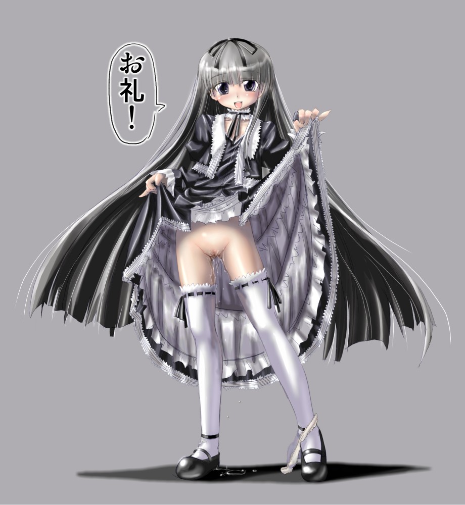 gretel (black lagoon), black lagoon, translation request, 00s, 1girl, clothes lift, female focus, loli, no panties, panties, panties around leg, pussy juice, skirt, skirt lift, solo, thighhighs, underwear