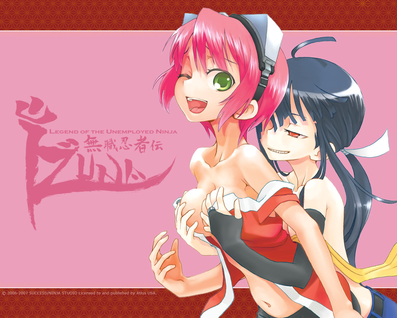 yoshida on, izuna (gouma reifuden izuna), shino (gouma reifuden izuna), gouma reifuden izuna, official art, official wallpaper, 2girls, black hair, breasts, company name, copyright name, grabbing another's breast, green eyes, grin, groping, multiple girls, naughty face, ninja, one eye closed, open clothes, open shirt, pink hair, ponytail, red eyes, shirt, short hair, smile, wink, yuri