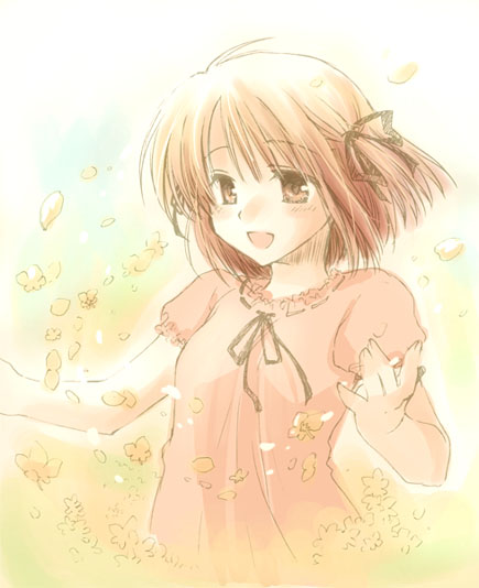 kodama miki, 1girl, brown eyes, brown hair, female focus, flower, happy, petals, short hair, solo, wind