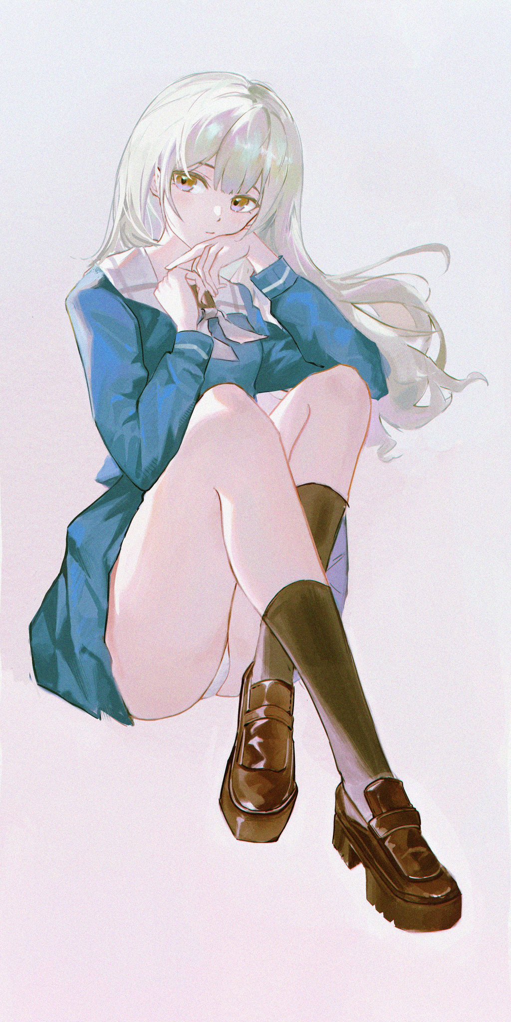 minami (minamijkol), bang dream!, bang dream! it's mygo!!!!!, character request, check copyright, copyright request, highres, 1girl, :/, black socks, blue shirt, brown shoes, crossed legs, expressionless, full body, hands up, kneehighs, knees up, long hair, long sleeves, looking to the side, neckerchief, panties, shirt, shoes, sitting, socks, solo, underwear, white hair, white neckerchief, white panties, yellow eyes