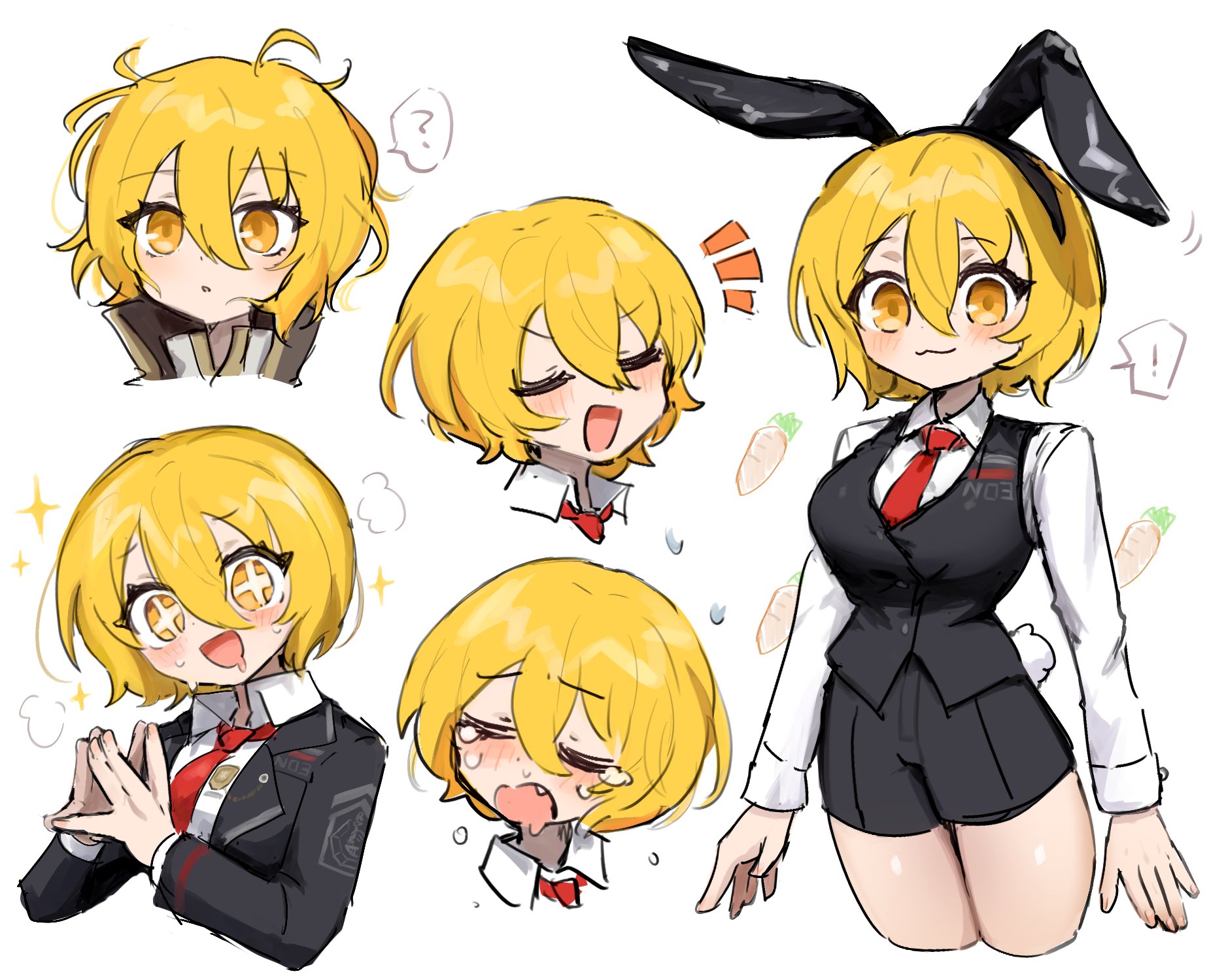 ro/ku, don quixote (project moon), limbus company, project moon, highres, !, + +, 1girl, :3, :d, alternate costume, animal ear hairband, animal ears, black coat, black shorts, black vest, blonde hair, closed eyes, coat, collared shirt, crying, drooling, fake animal ears, fang, hairband, long sleeves, looking at viewer, multiple views, necktie, open mouth, rabbit ear hairband, rabbit ears, red necktie, shirt, short hair, shorts, simple background, smile, solo, standing, upper body, vest, white background, white shirt, yellow eyes