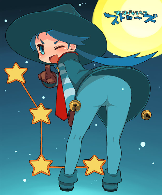 mota, 1girl, bell, blue eyes, blue hair, female focus, gloves, hat, matching hair/eyes, moon, necktie, pantyhose, solo, star (symbol), witch hat